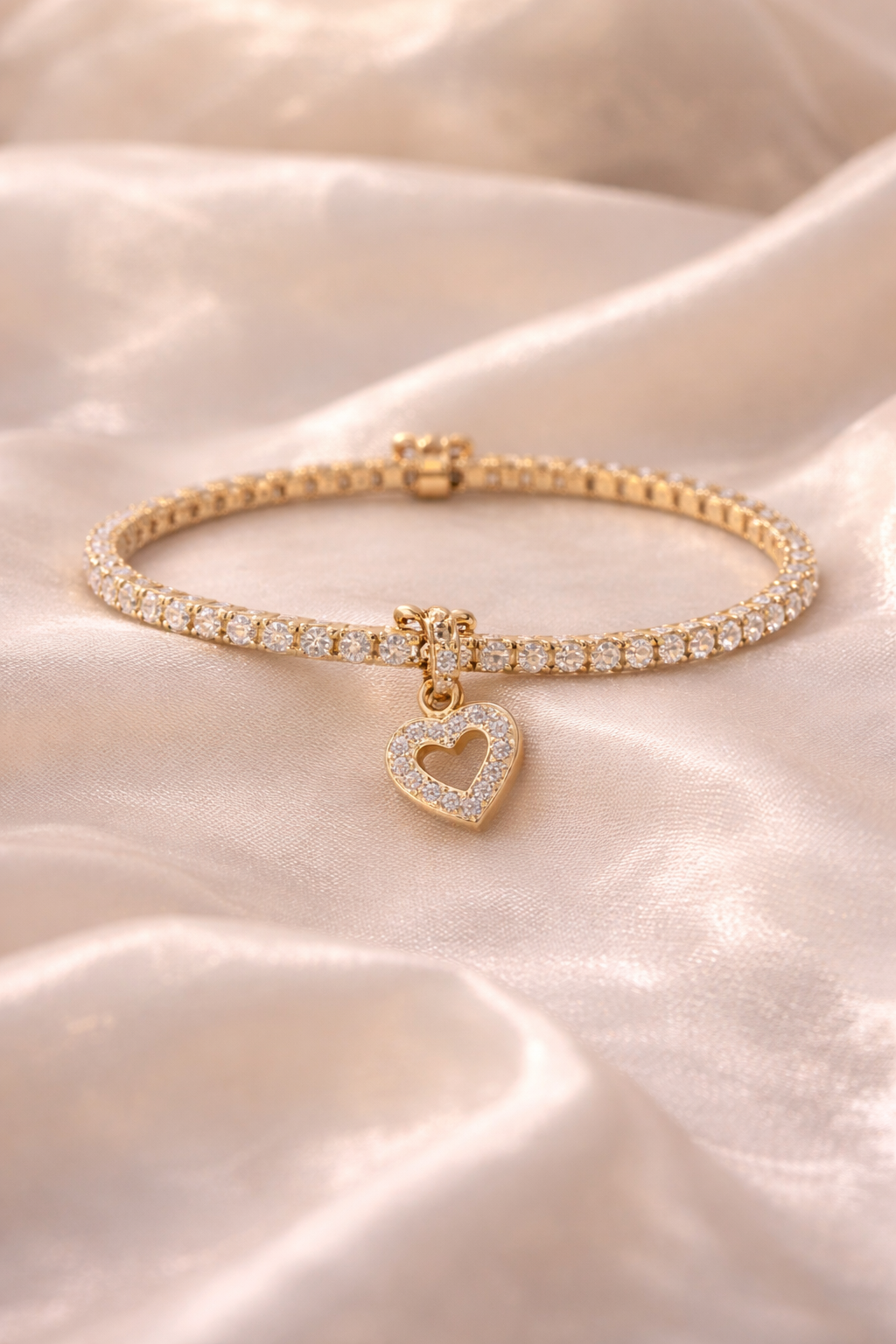14K Gold Diamond Tennis Bracelet with Heart Charm – 3.2 CT