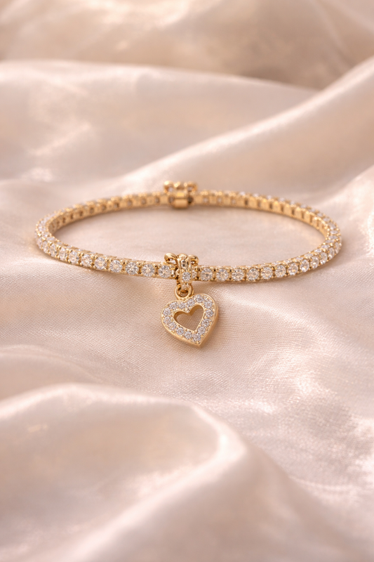 14K Gold Diamond Tennis Bracelet with Heart Charm – 3.2 CT