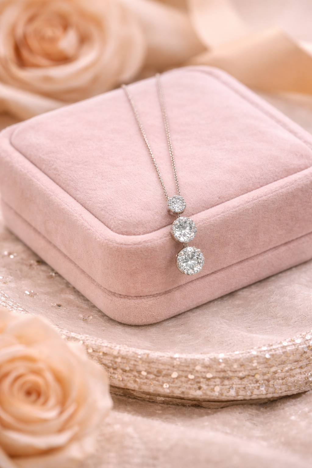 14K White Gold Three-Stone Diamond Drop Necklace (H Color, VS1 Clarity)
