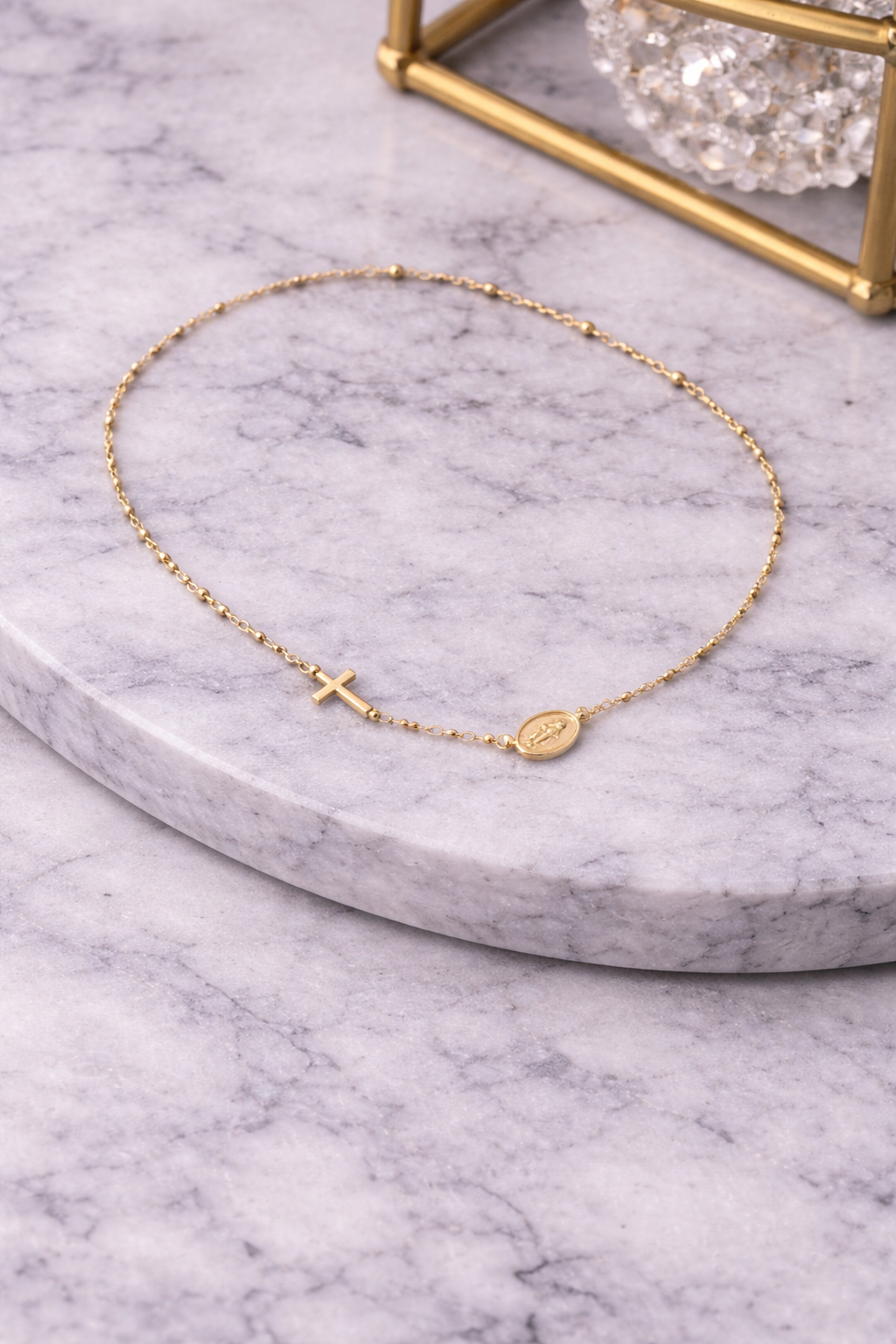 14K Gold Rosary Chain Necklace with Cross & Medallion