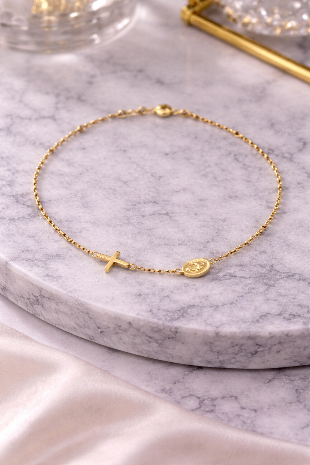 14K Gold Rosary Bracelet with Cross & Medallion