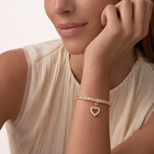 14K Gold Diamond Tennis Bracelet with Heart Charm – 3.2 CT