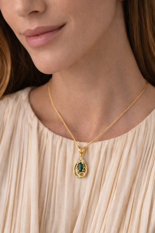 14K Gold Emerald & Diamond Pendant Necklace
