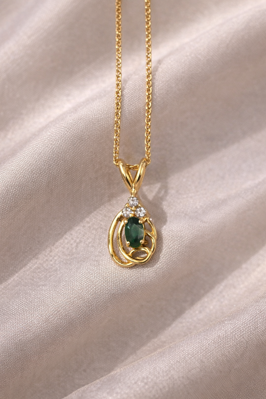 14K Gold Emerald & Diamond Pendant Necklace