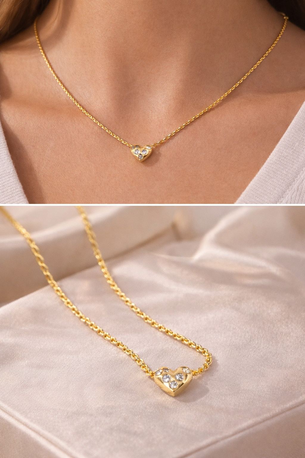 14K Solid Gold Diamond Heart Necklace – 20” Rope Chain