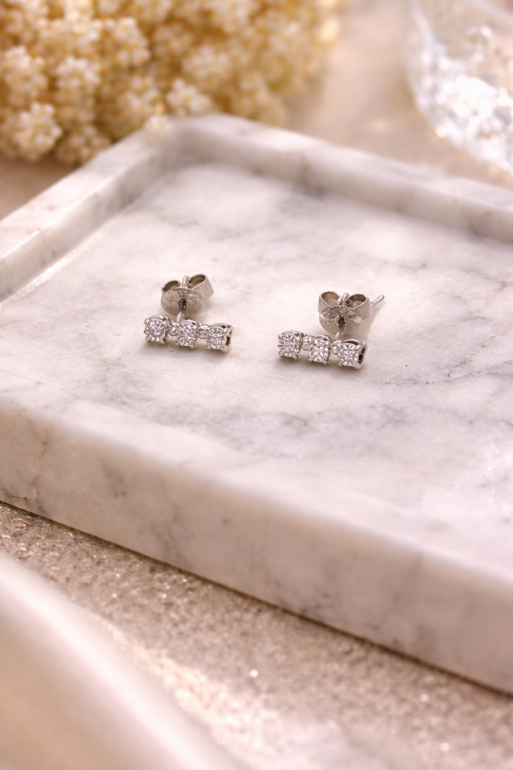 Trinity Diamond Bar Stud Earrings – 14K White Gold