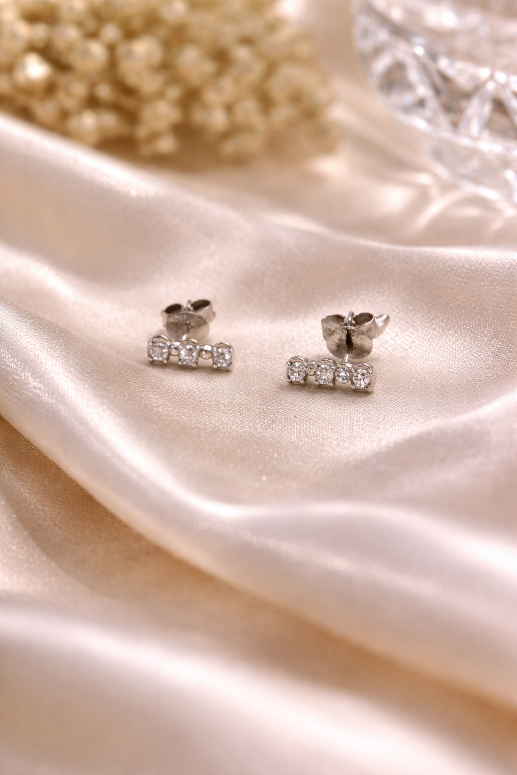 Trinity Diamond Bar Stud Earrings – 14K White Gold