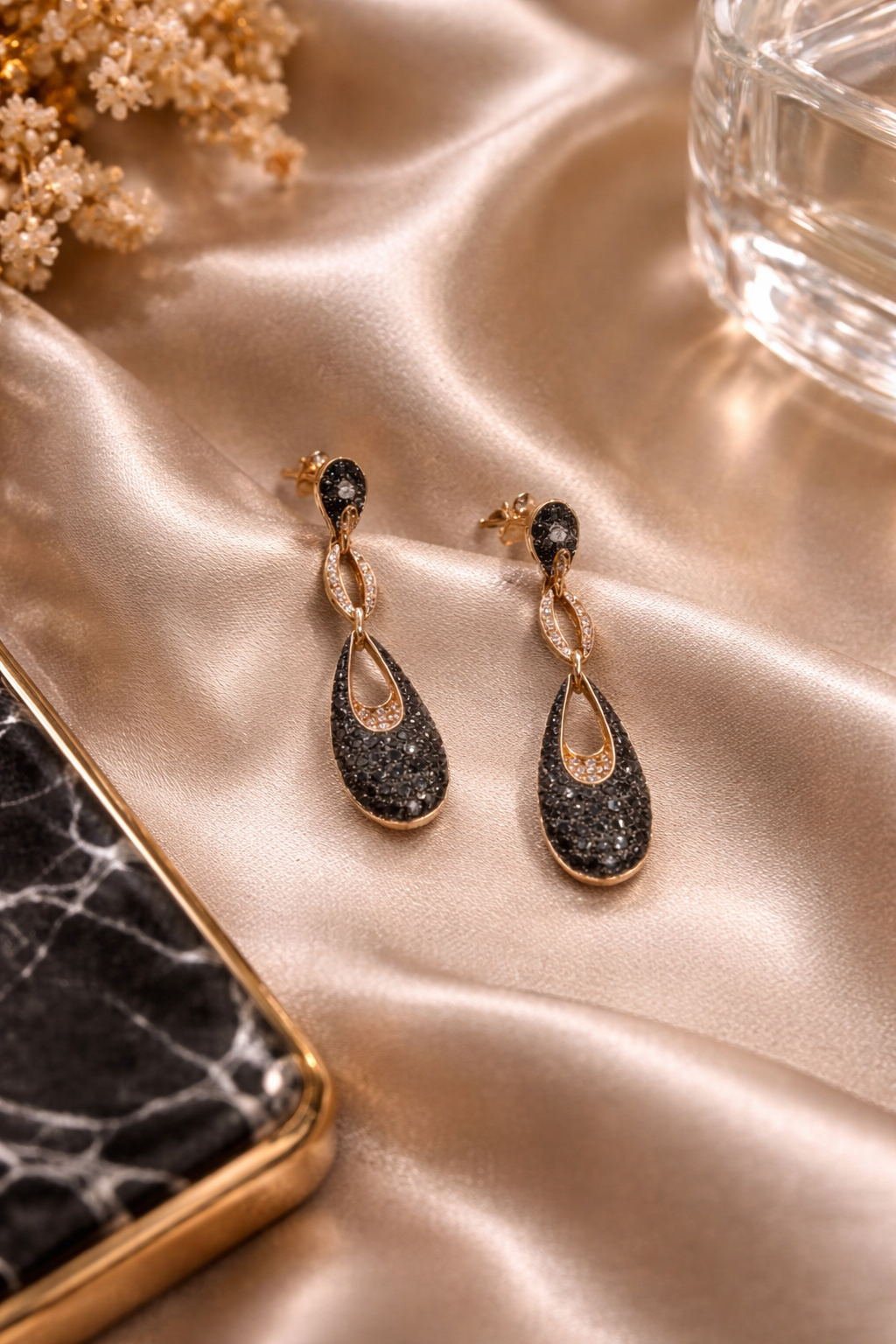 Rose Gold Black Diamond Drop Earrings