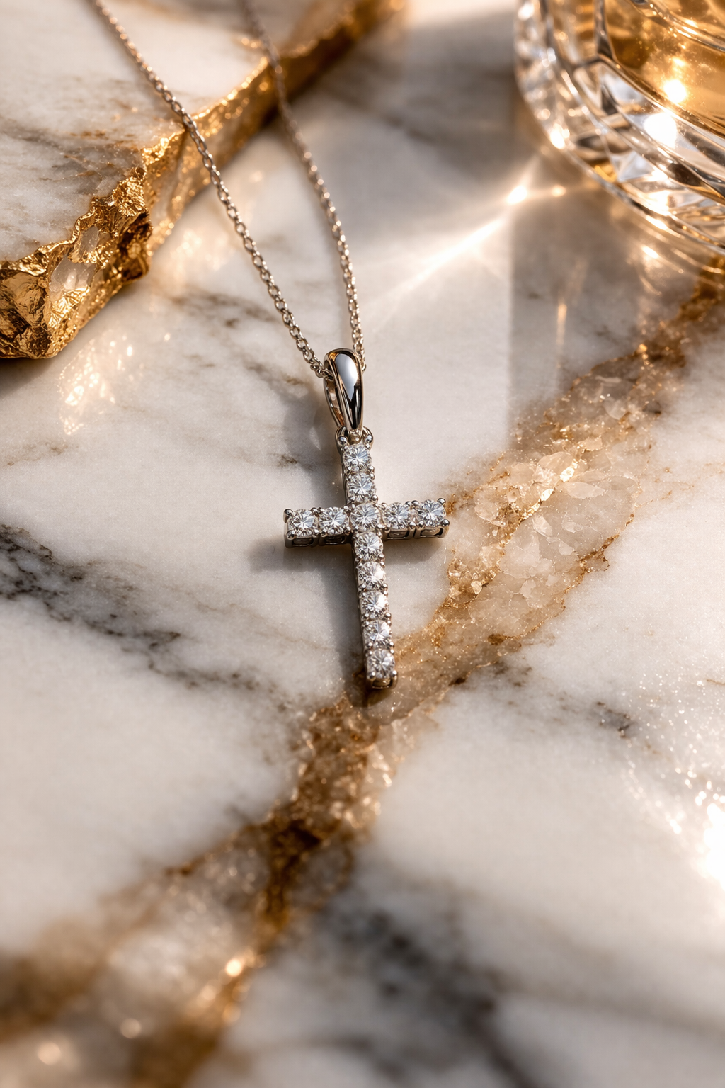 14K White Gold Diamond Cross Pendant