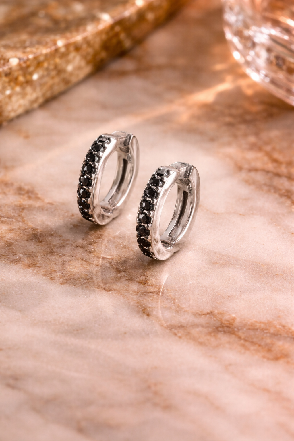 14K White Gold Black Diamond Huggie Hoops