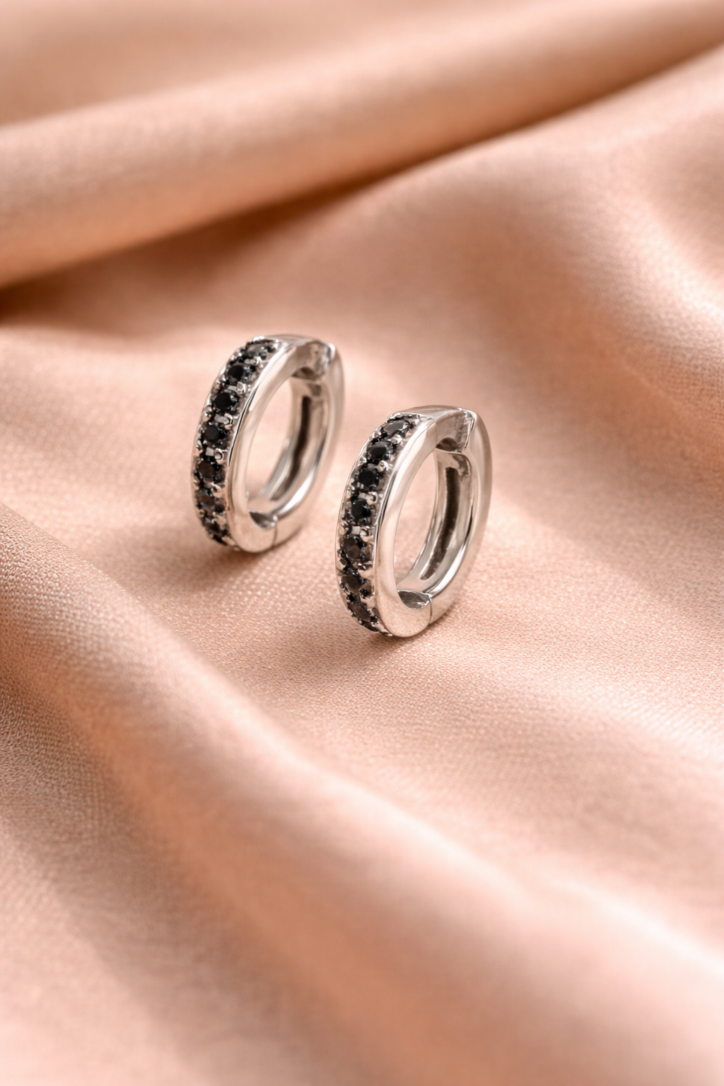 14K White Gold Black Diamond Huggie Hoops