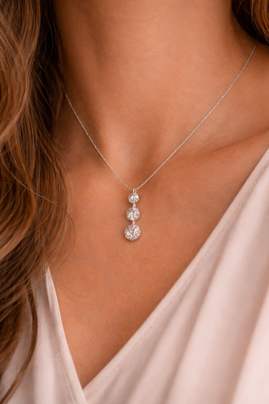 14K White Gold Three-Stone Diamond Drop Necklace (H Color, VS1 Clarity)