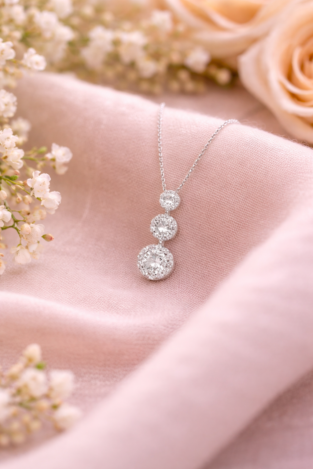 14K White Gold Three-Stone Diamond Drop Necklace (H Color, VS1 Clarity)