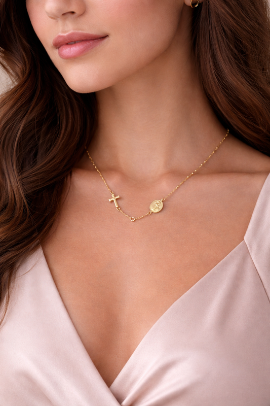 14K Gold Rosary Chain Necklace with Cross & Medallion