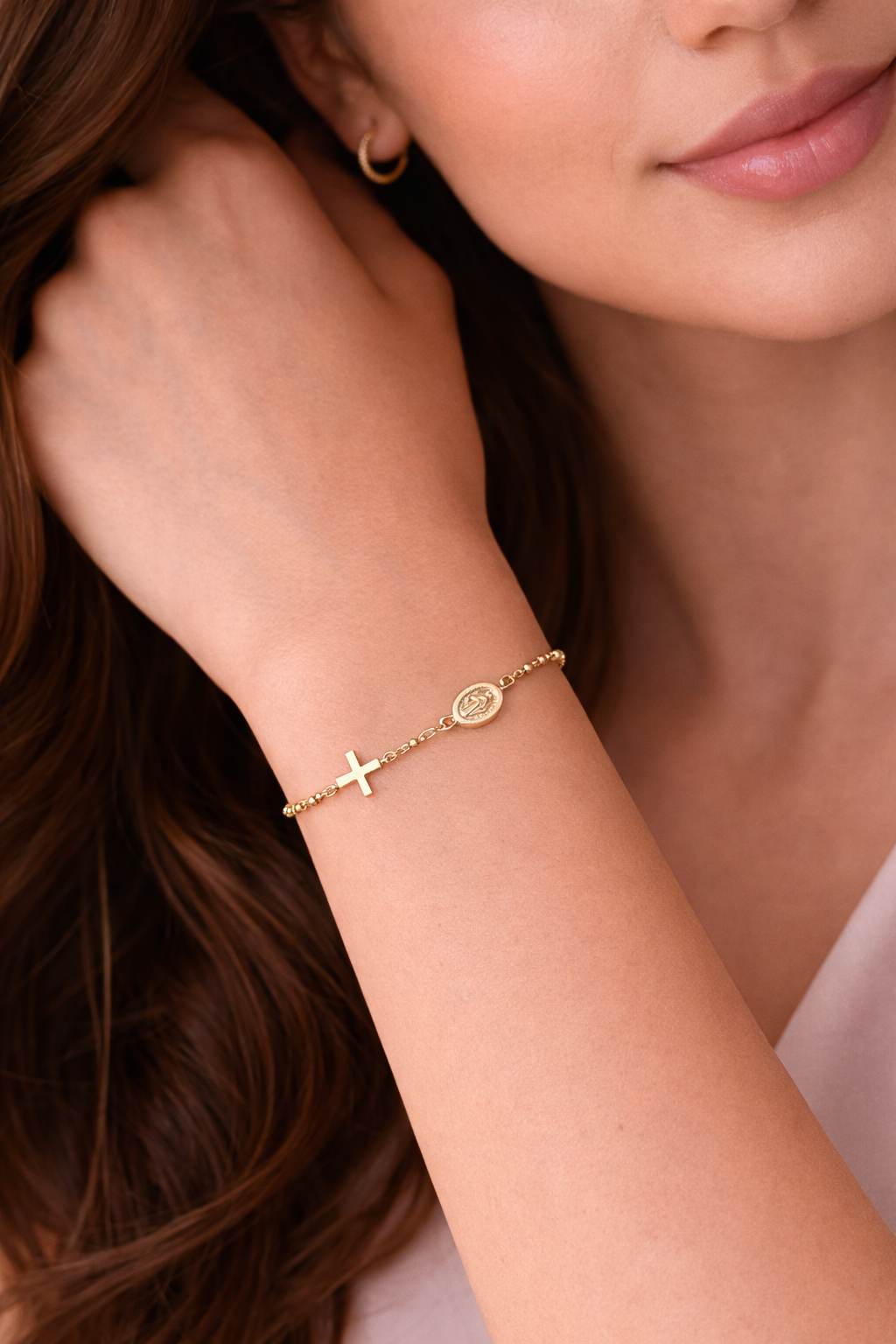 14K Gold Rosary Bracelet with Cross & Medallion