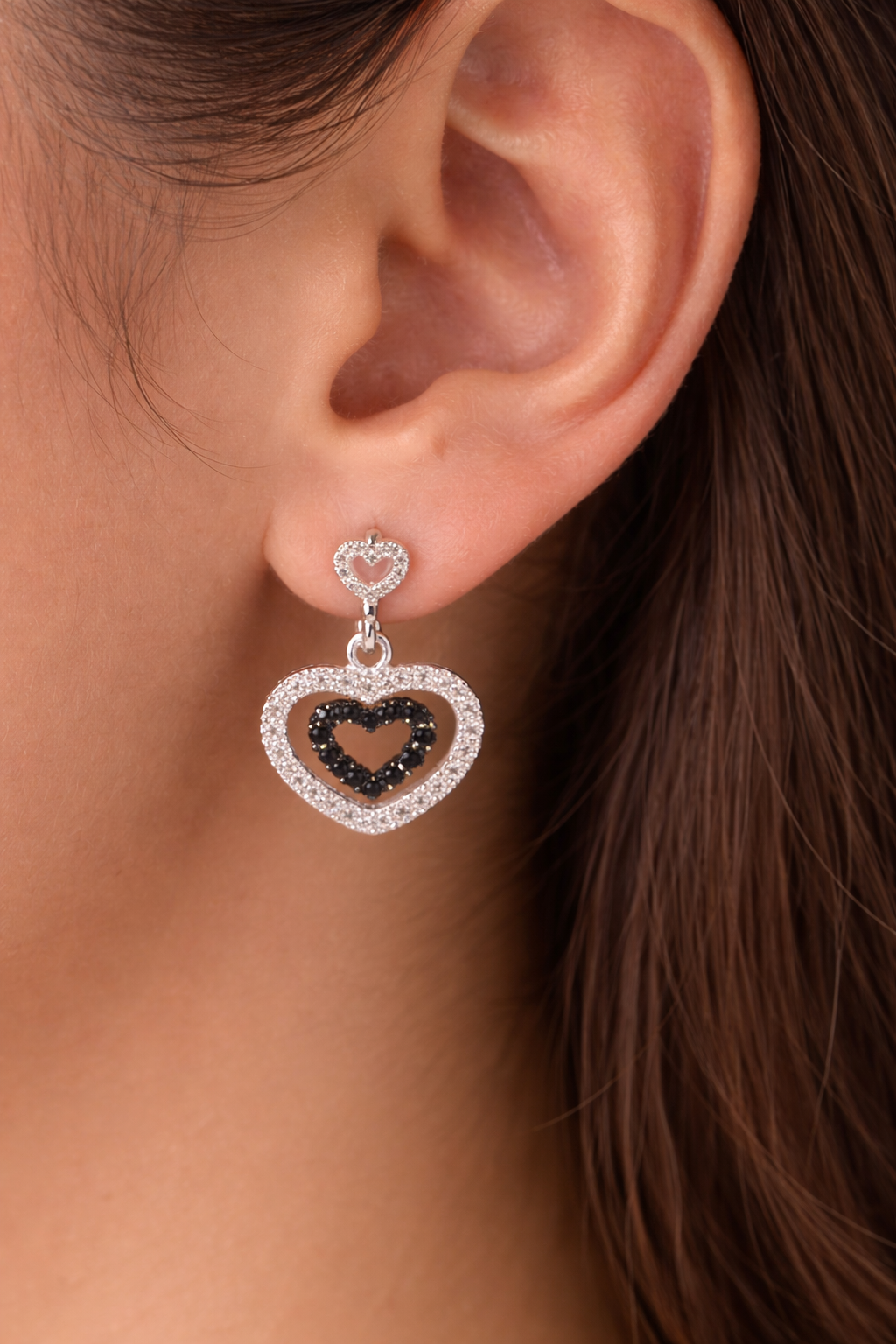 White Gold Double Heart Black and White Diamond Drop Earrings