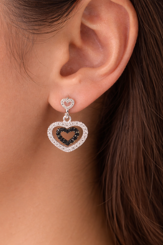 White Gold Double Heart Black and White Diamond Drop Earrings