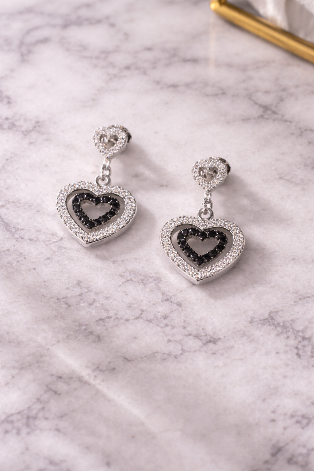 White Gold Double Heart Black and White Diamond Drop Earrings