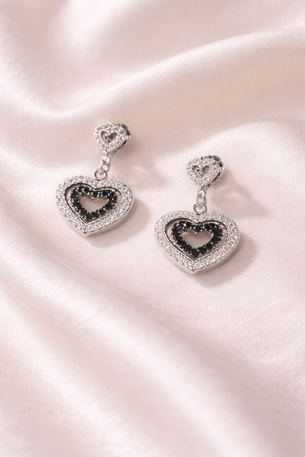 White Gold Double Heart Black and White Diamond Drop Earrings